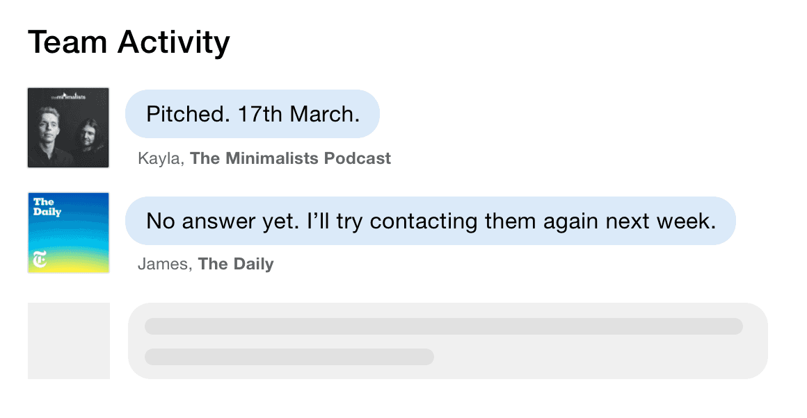 PR team recording notes for podcast pitches.