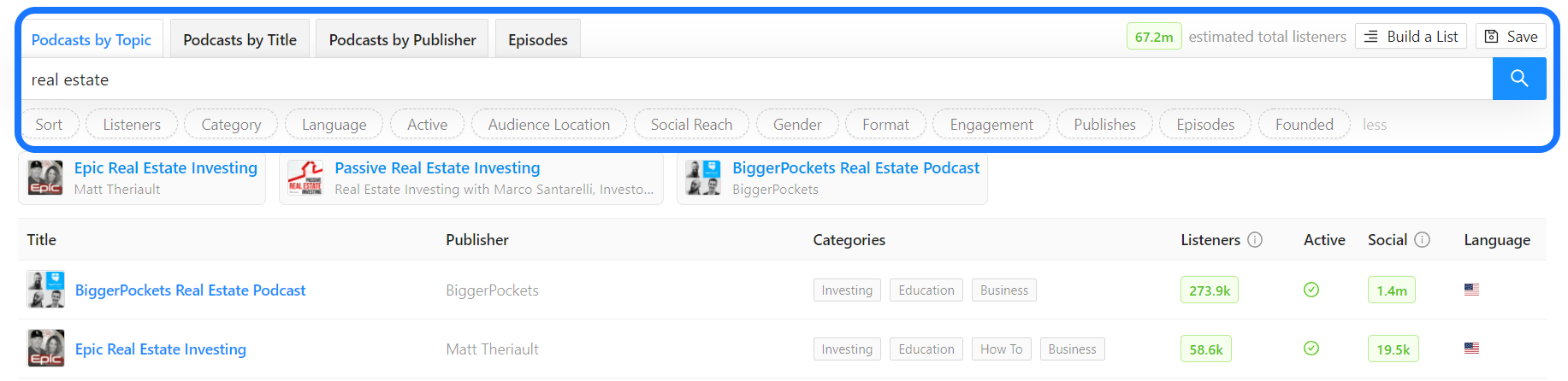 Searching for real estate podcasts in Rephonic