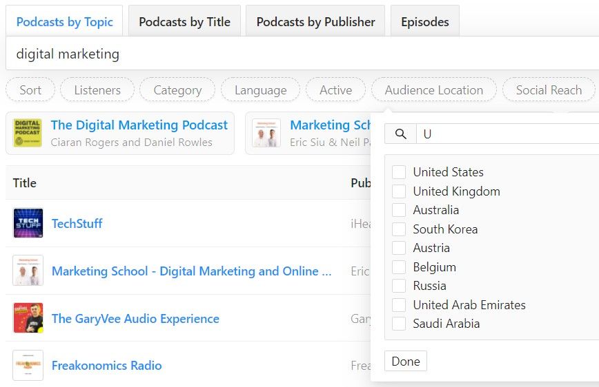 Searching for podcasts by audience location