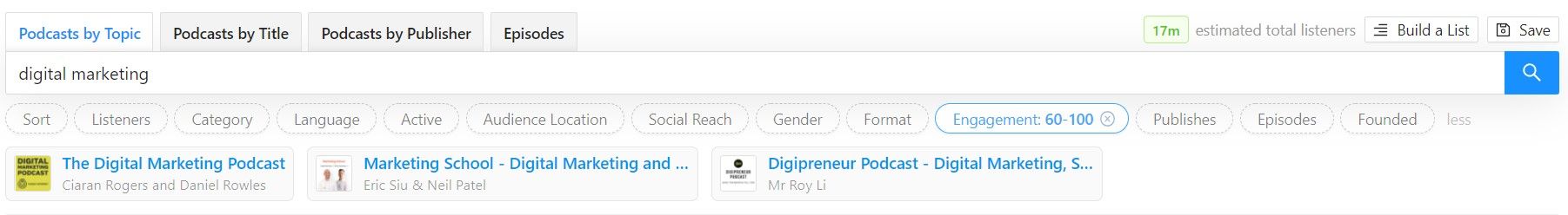 Searching for podcasts by engagement rate