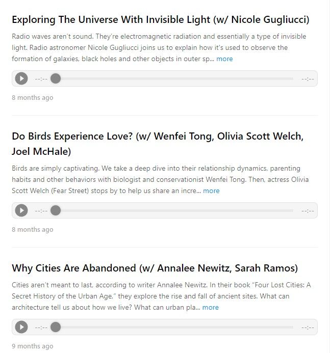 "Periodic Talk" episode titles name of each guest and the topic in their episode.