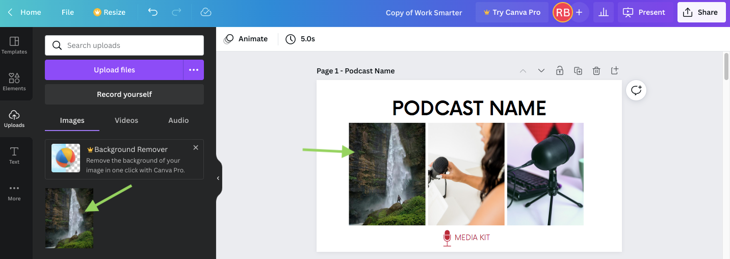 Drag and drop images into the media kit first page