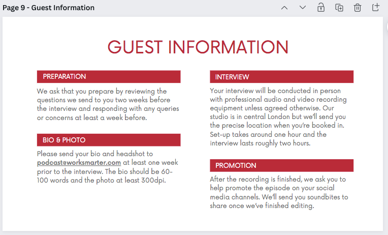Guest information in podcast media kit