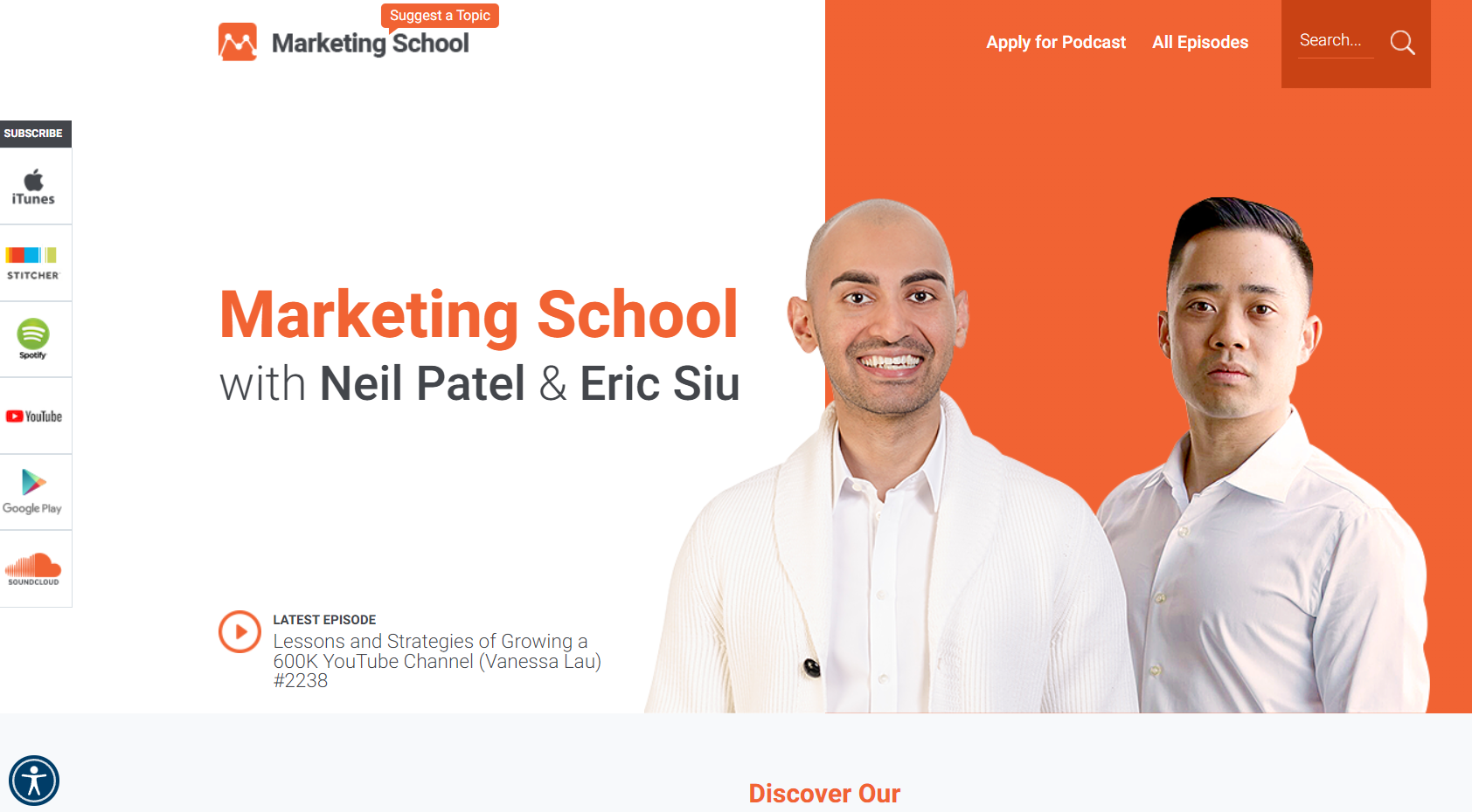 Screenshot of Marketing School podcast homepage