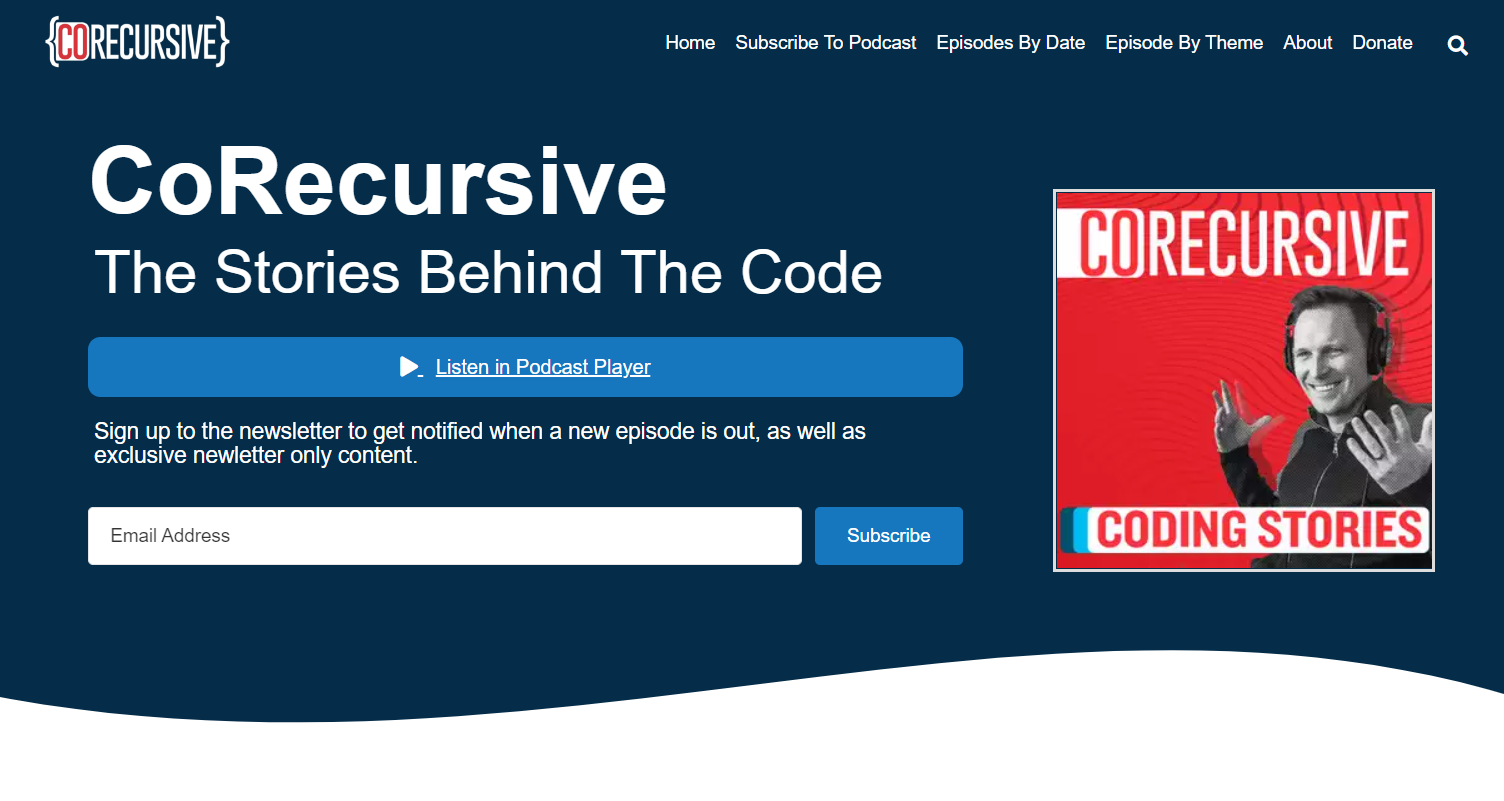 Screenshot of the CoRecursive podcast website showing podcast artwork and links.