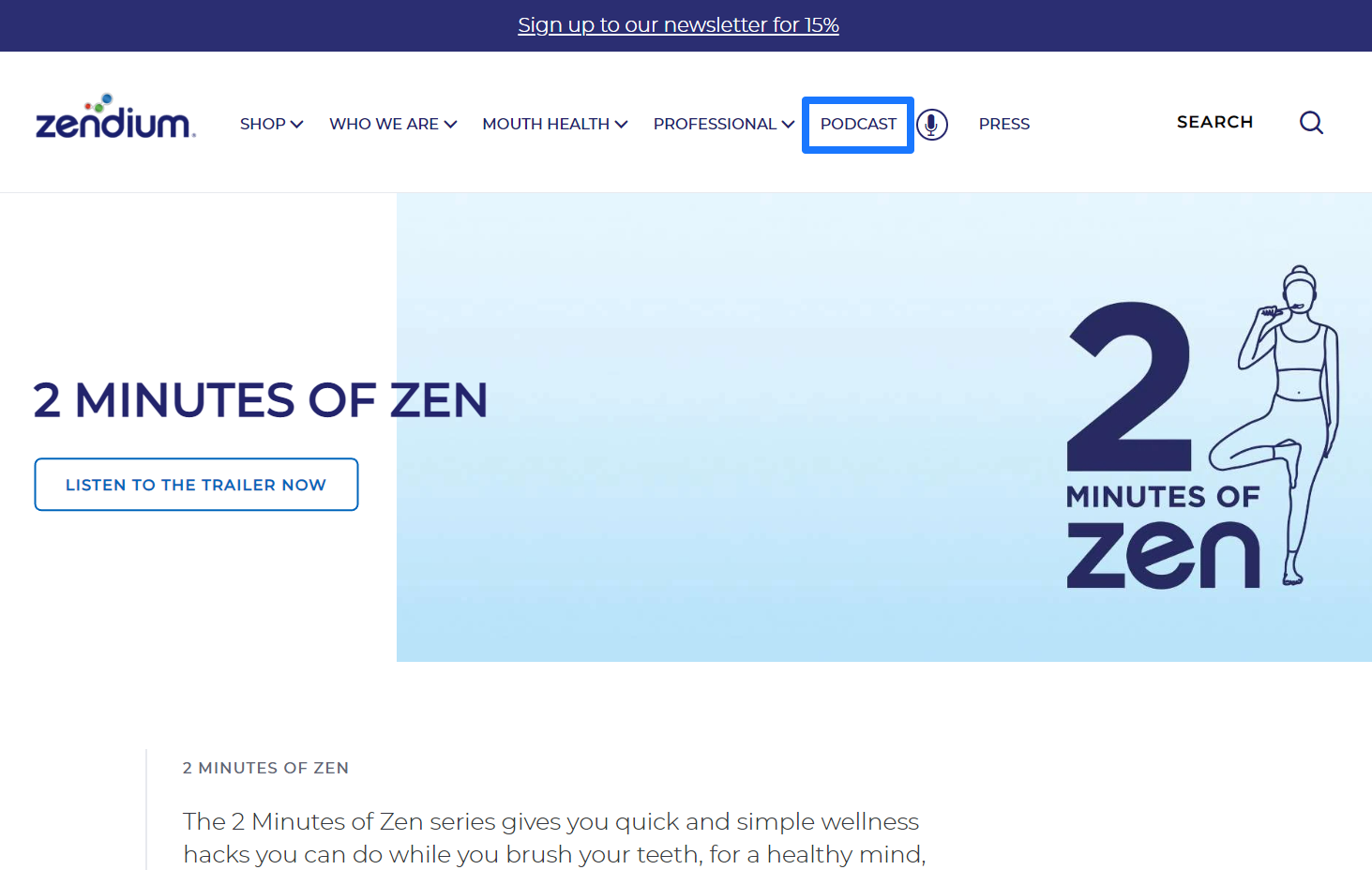 Screenshot of 2 Minutes of Zen podcast landing page