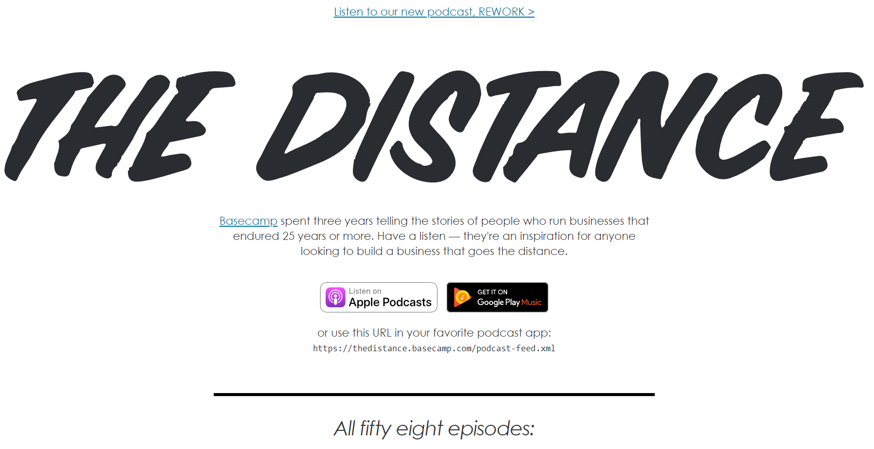 Screenshot of The Distance podcast homepage