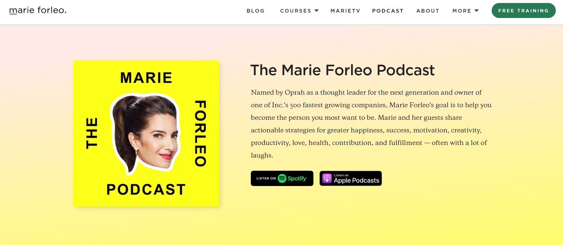 Screenshot showing yellow website and headshot of Marie Forleo