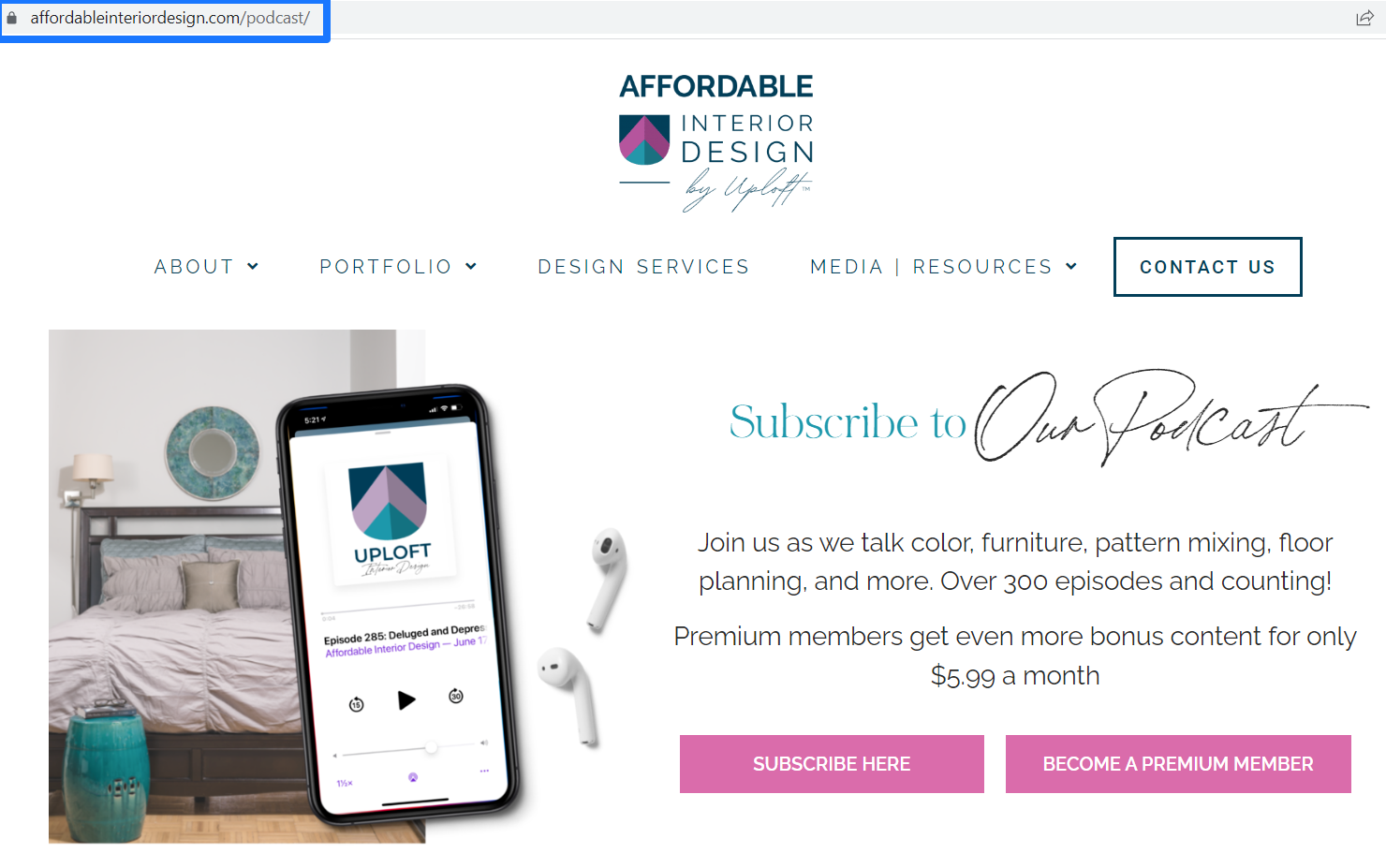 Screenshot of Affordable Interior Design podcast landing page