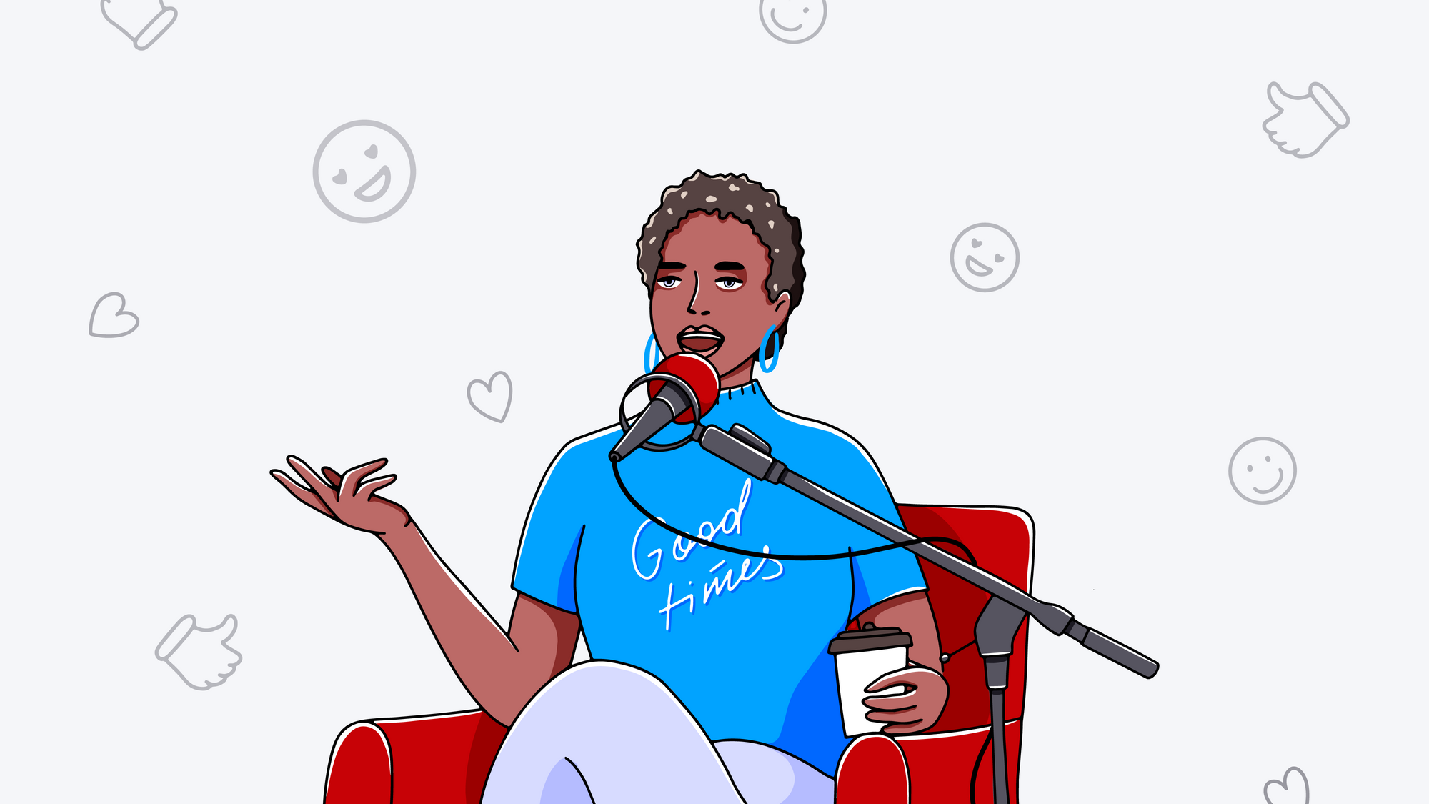 Podcast influencer speaking into a microphone