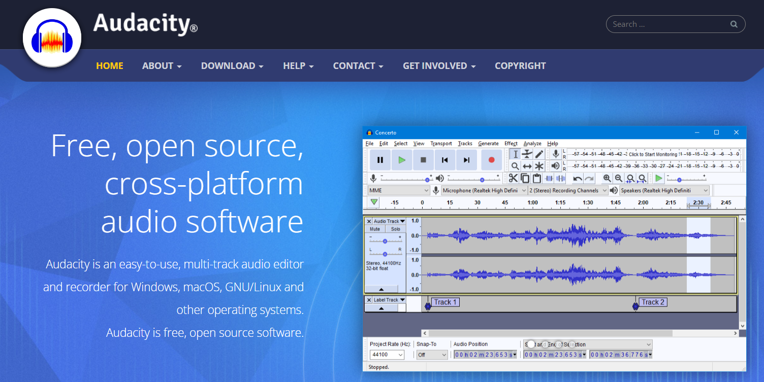 Audacity podcast editing software homepage