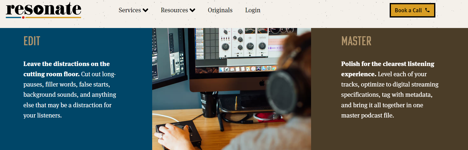 Resonate Recordings podcast editing company homepage