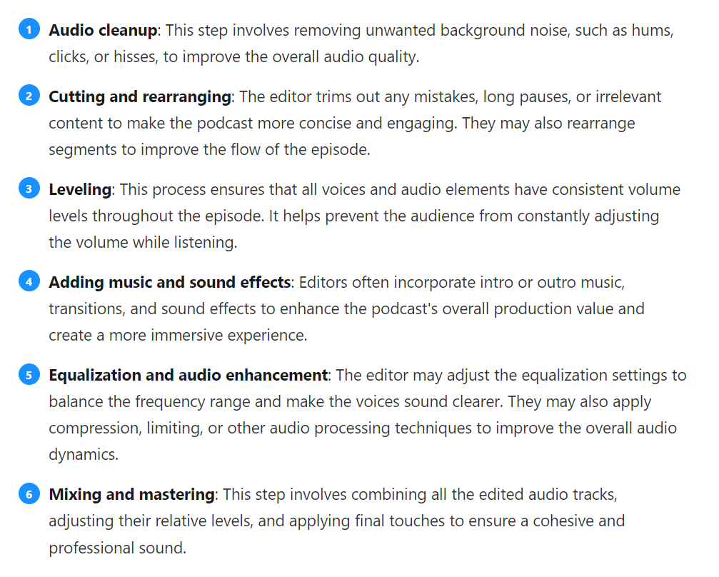 Chart showing steps in podcast audio editing