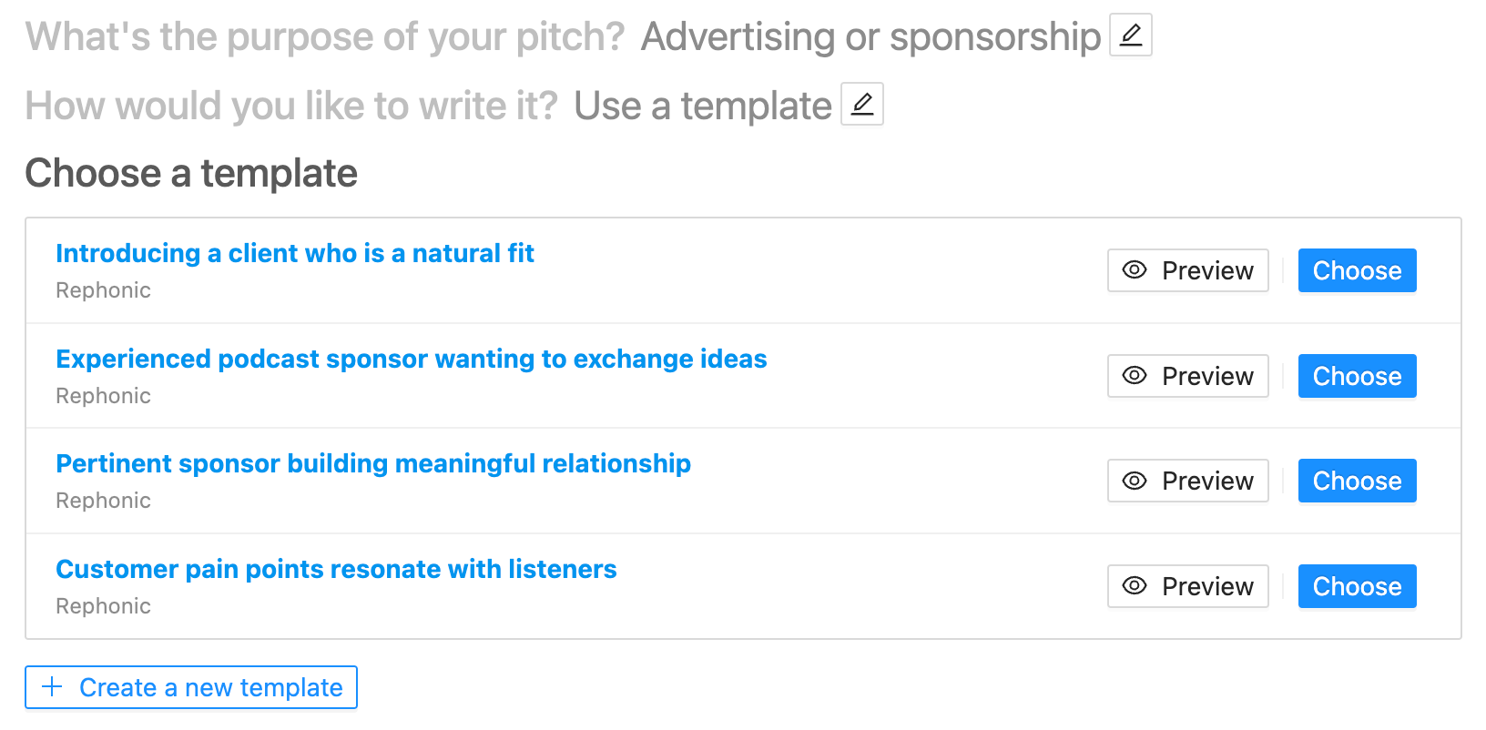 Podcast pitch templates on Rephonic