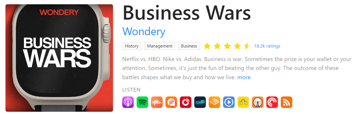 Logo - digital watch with Business Wars on the face. Podcast description. 