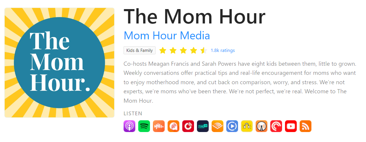 Mom Hour Logo - yellow sun rays surround a blue circle. Plus podcast description.