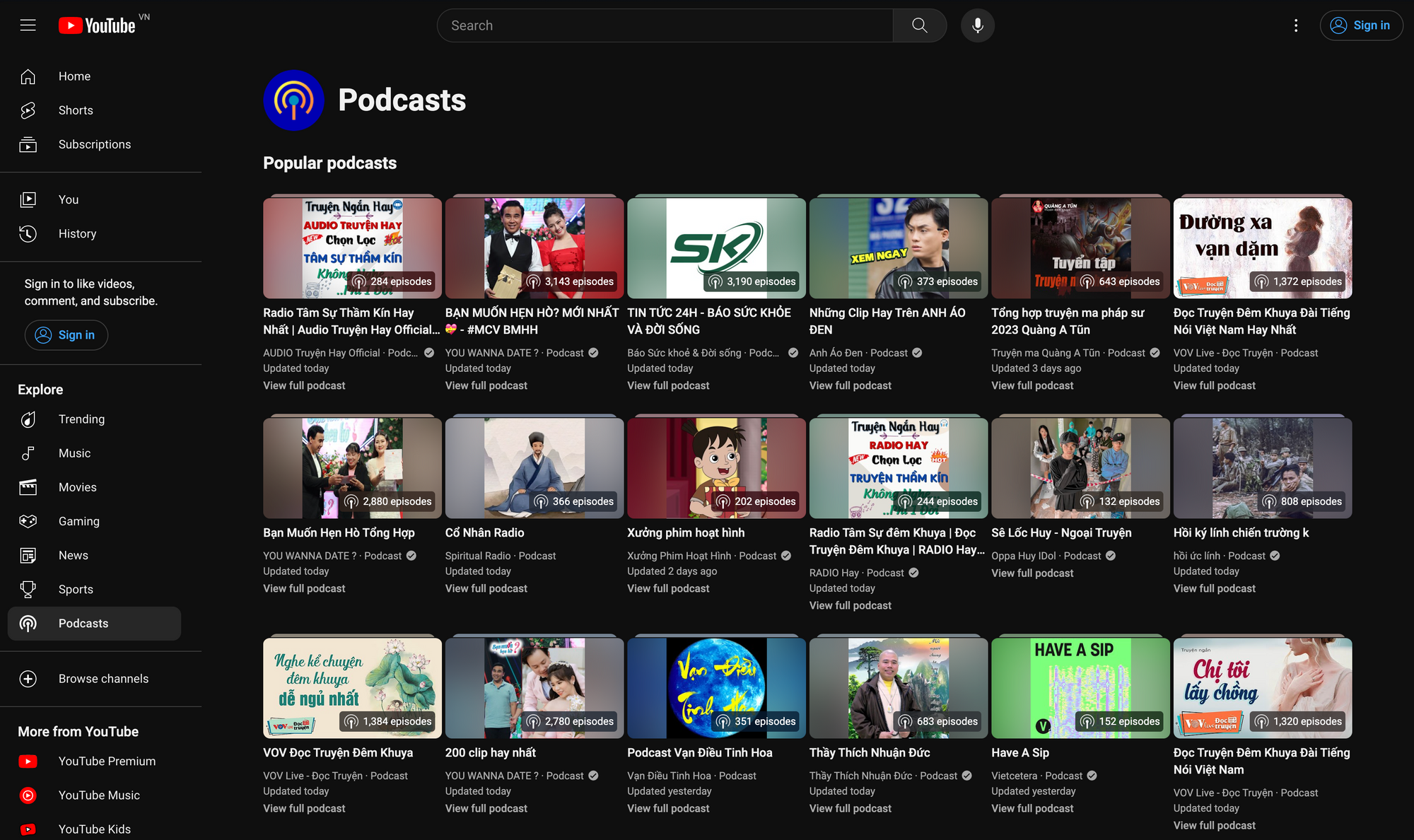 YouTube podcast page for Vietnam