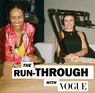 Two female podcast hosts with mics overlaid with podcast title: The Run-through with Vogue