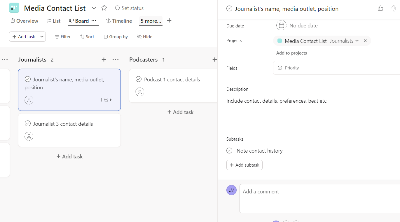 Asana media contact list