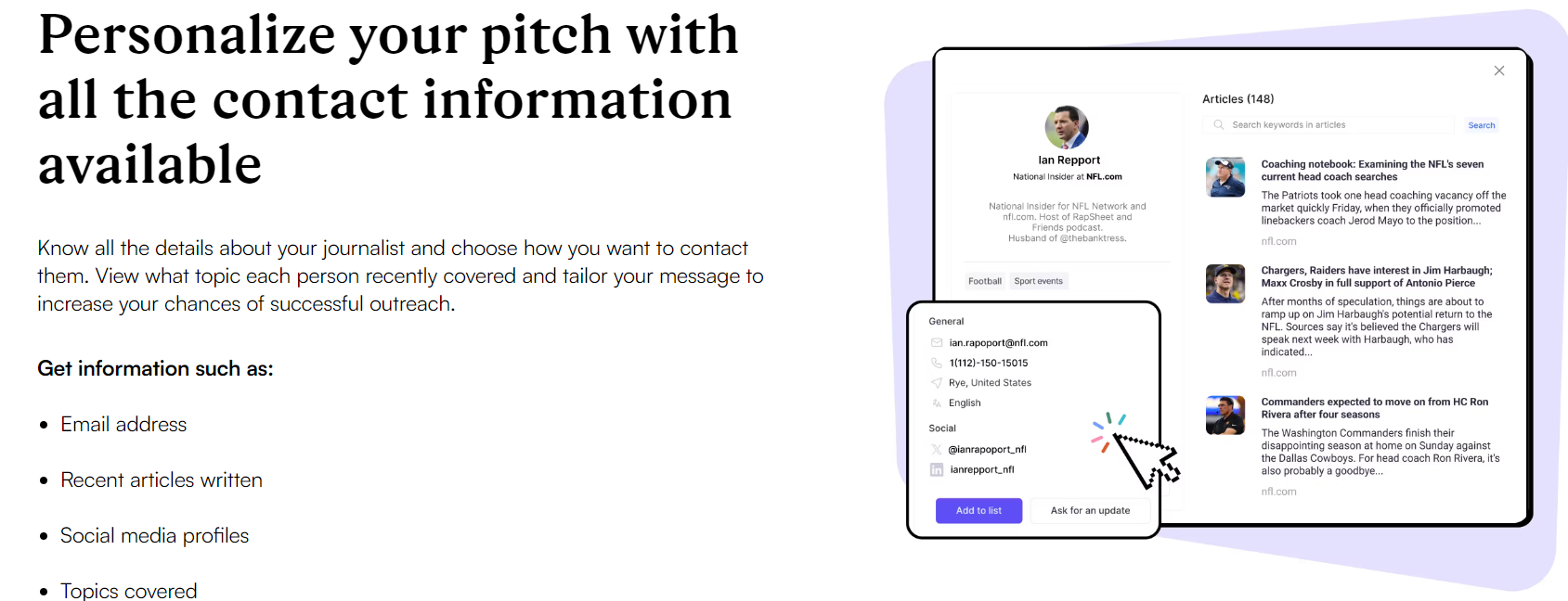 Personalize pitch page with Journalist information example