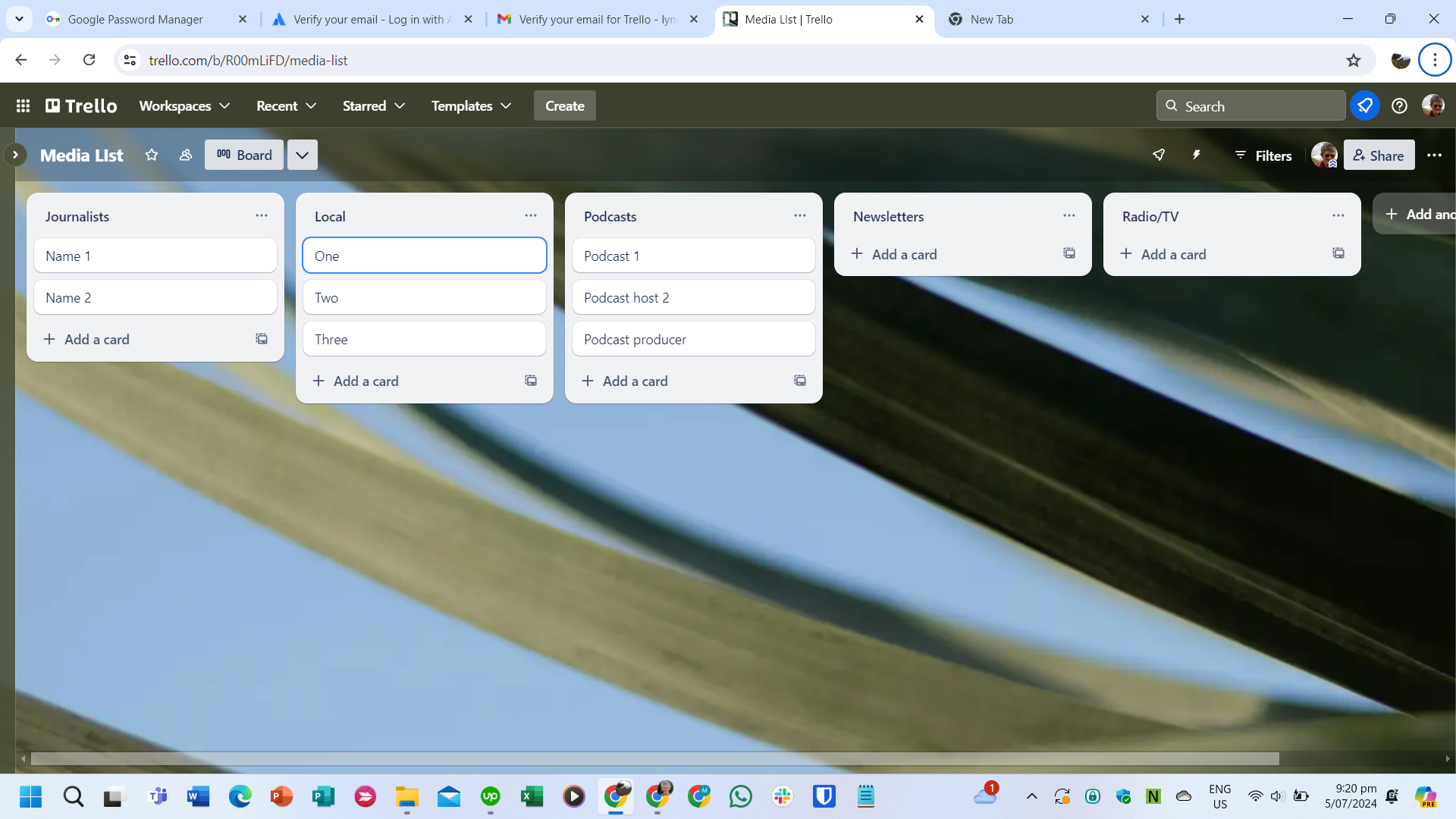 Trello board for managing media lists