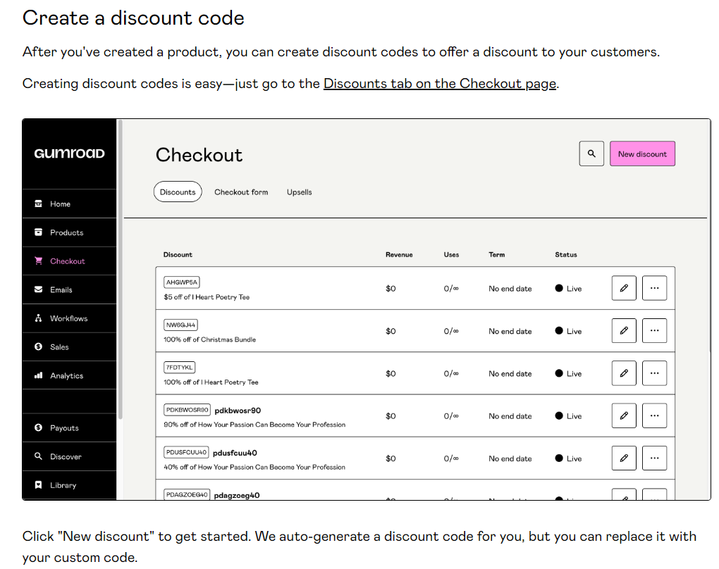 Discount code on Gumroad