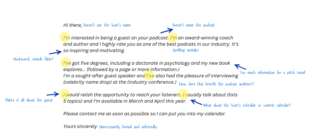 Example of a bad podcast guest pitch