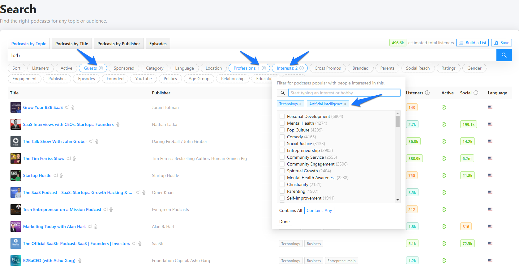 Rephonic podcast database search filters
