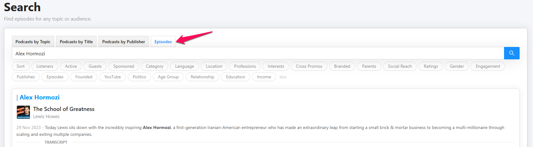 Alex Hormozi podcast episode search