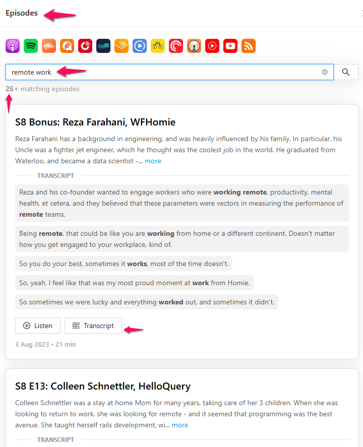 Podcast episode search on Rephonic