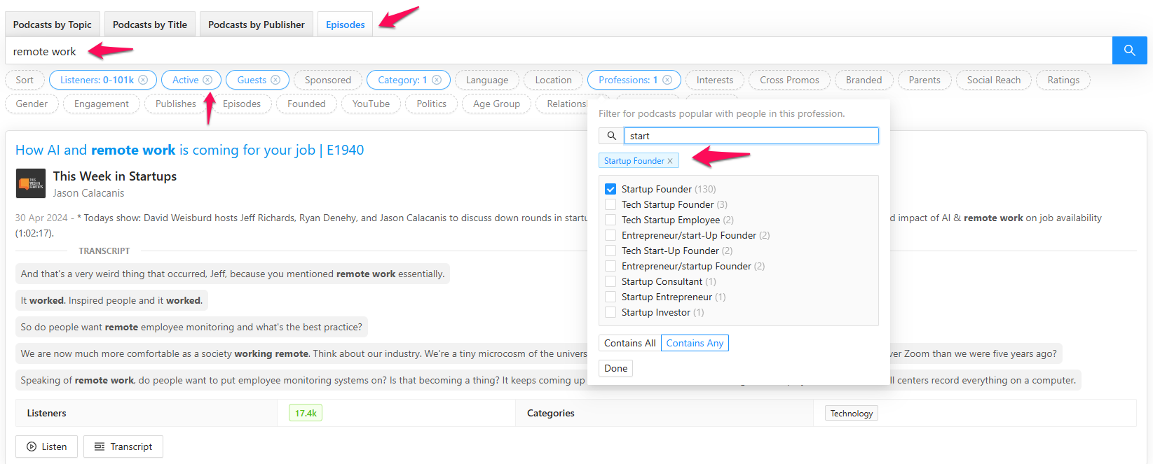 Podcast episode search for remote work
