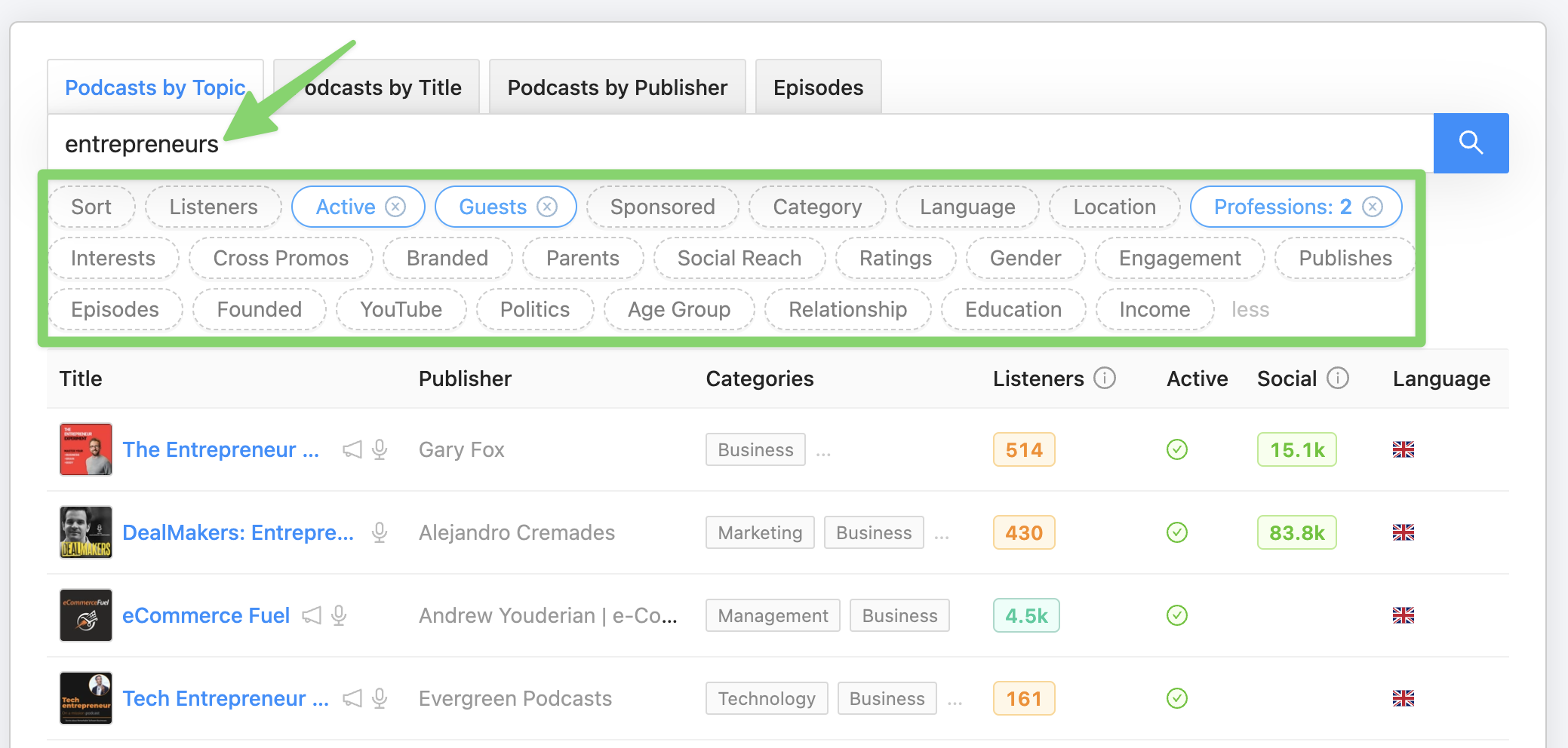 Podcast search and filters on Rephonic