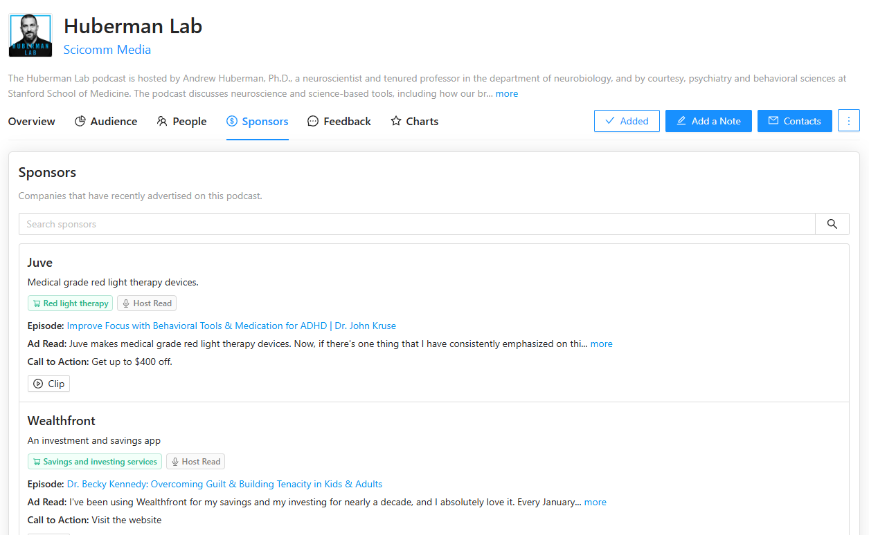 Huberman Lab podcast sponsor data on Rephonic