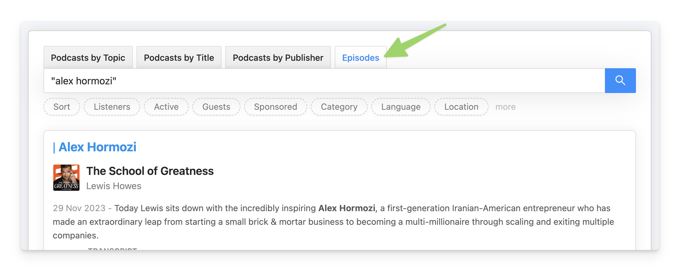 Alex Hormozi podcast episode search