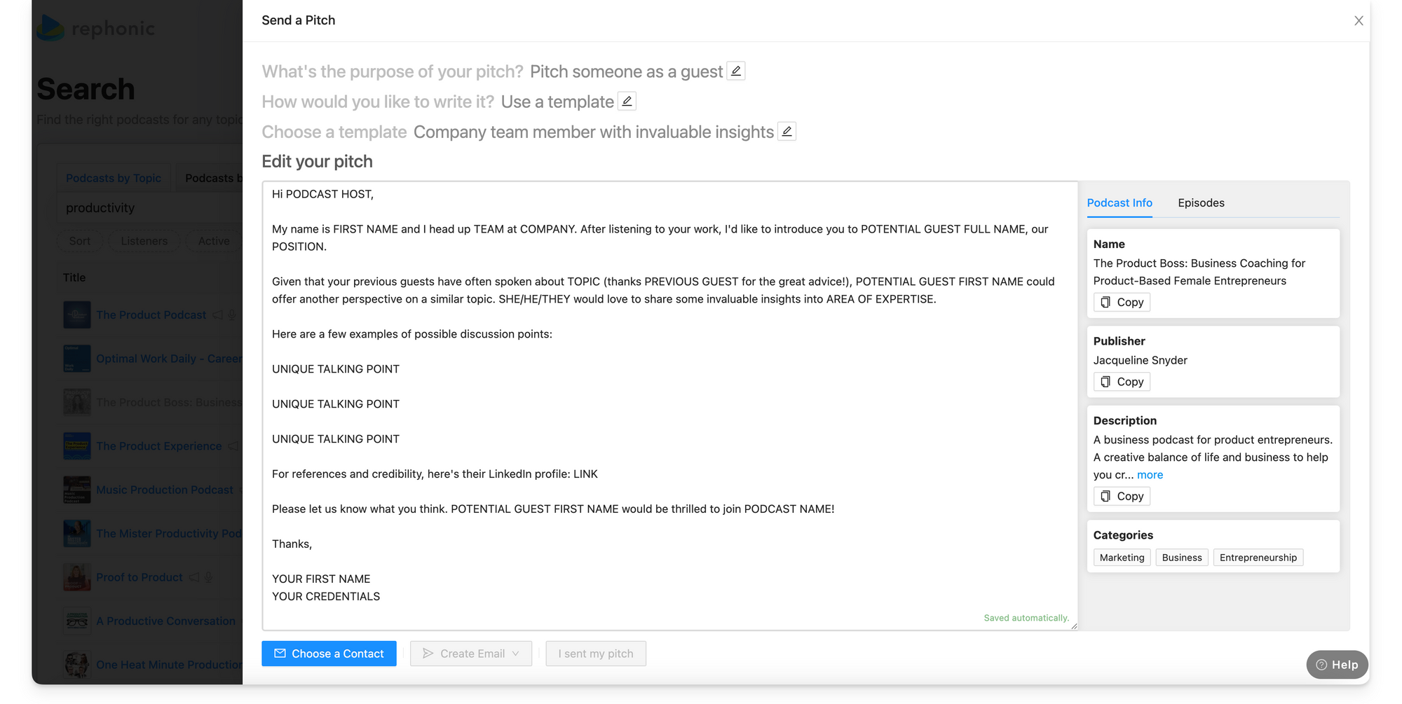 Edit your podcast pitch with Rephonic
