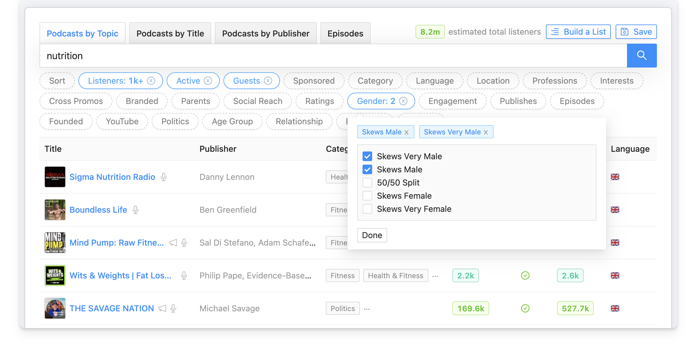 Rephonic podcast search tool and filters