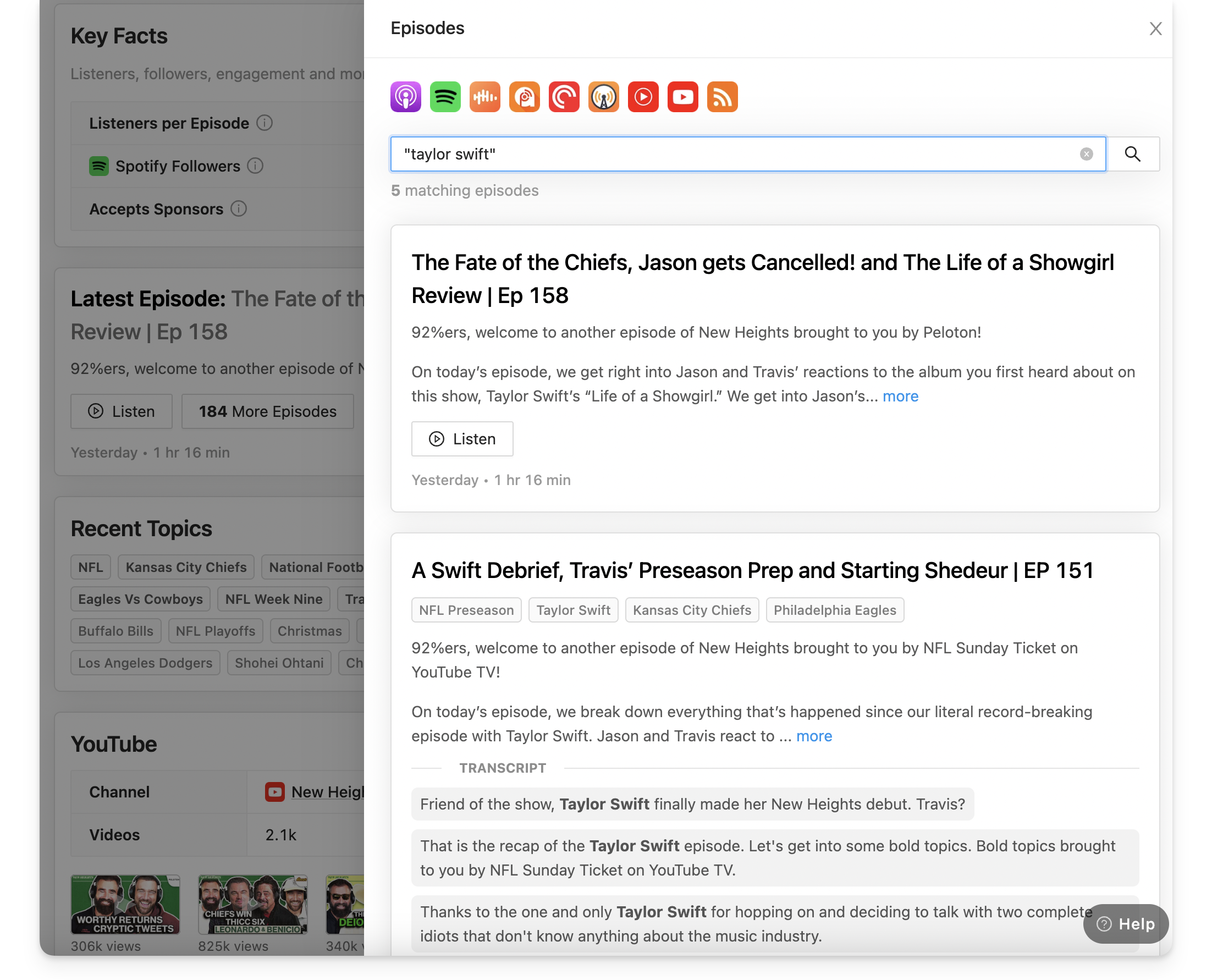 Podcast episode transcript search