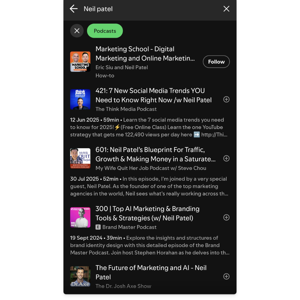 Neil Patel podcast guest appearances on Spotify