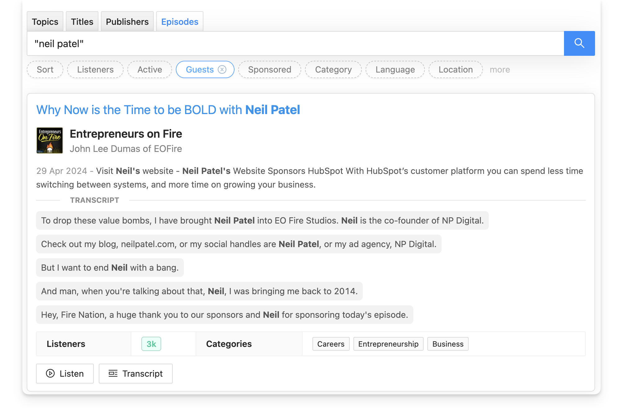 Search for competitor podcast guest appearances using Rephonic