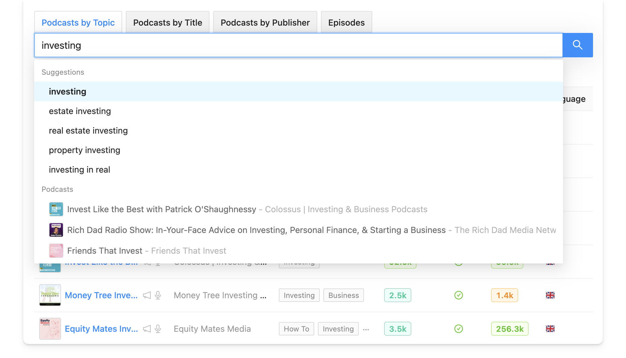 Search for a podcast topic on Rephonic
