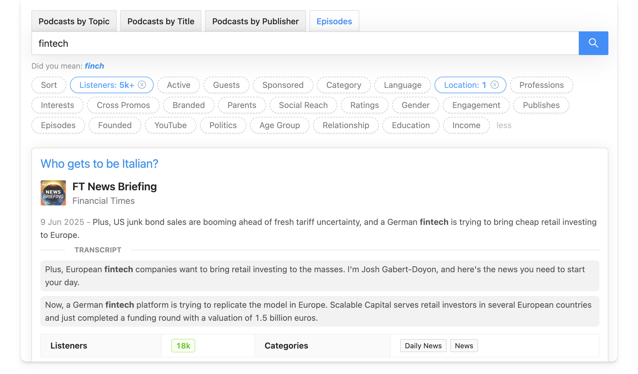 Filter podcast topics by location with Rephonic