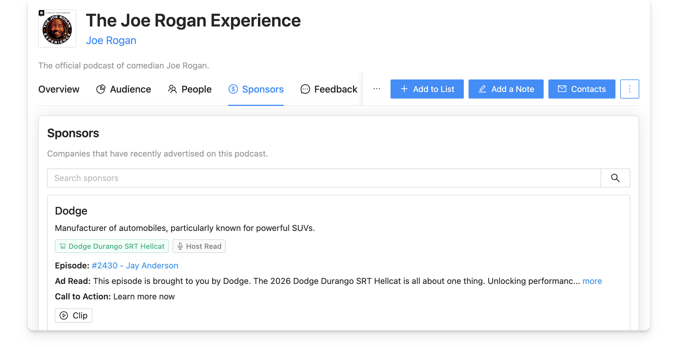 Joe Rogan Experience podcast sponsors list on Rephonic