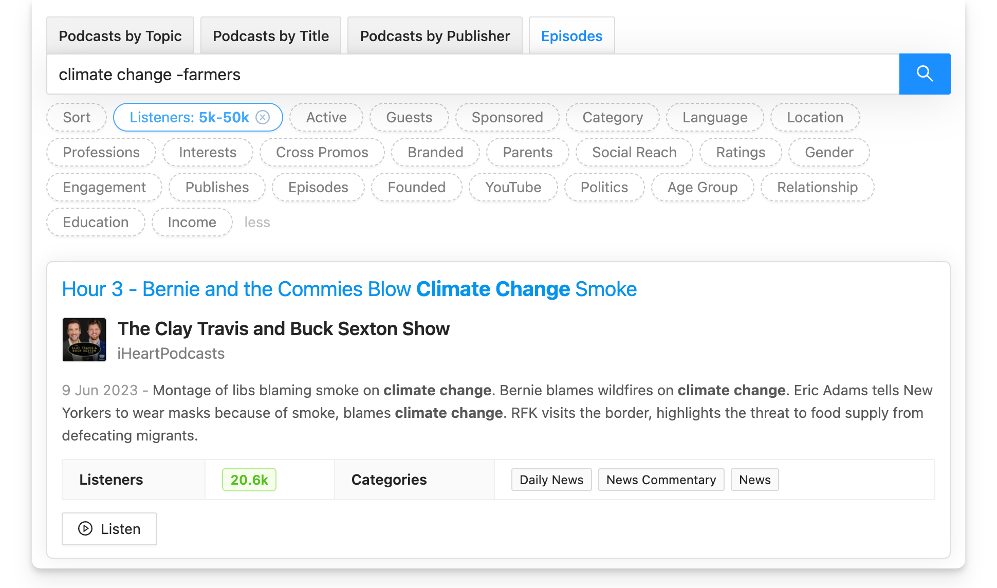 Estimated listener numbers per episode is 5K-50K, excluding those that mention 'farming'.
