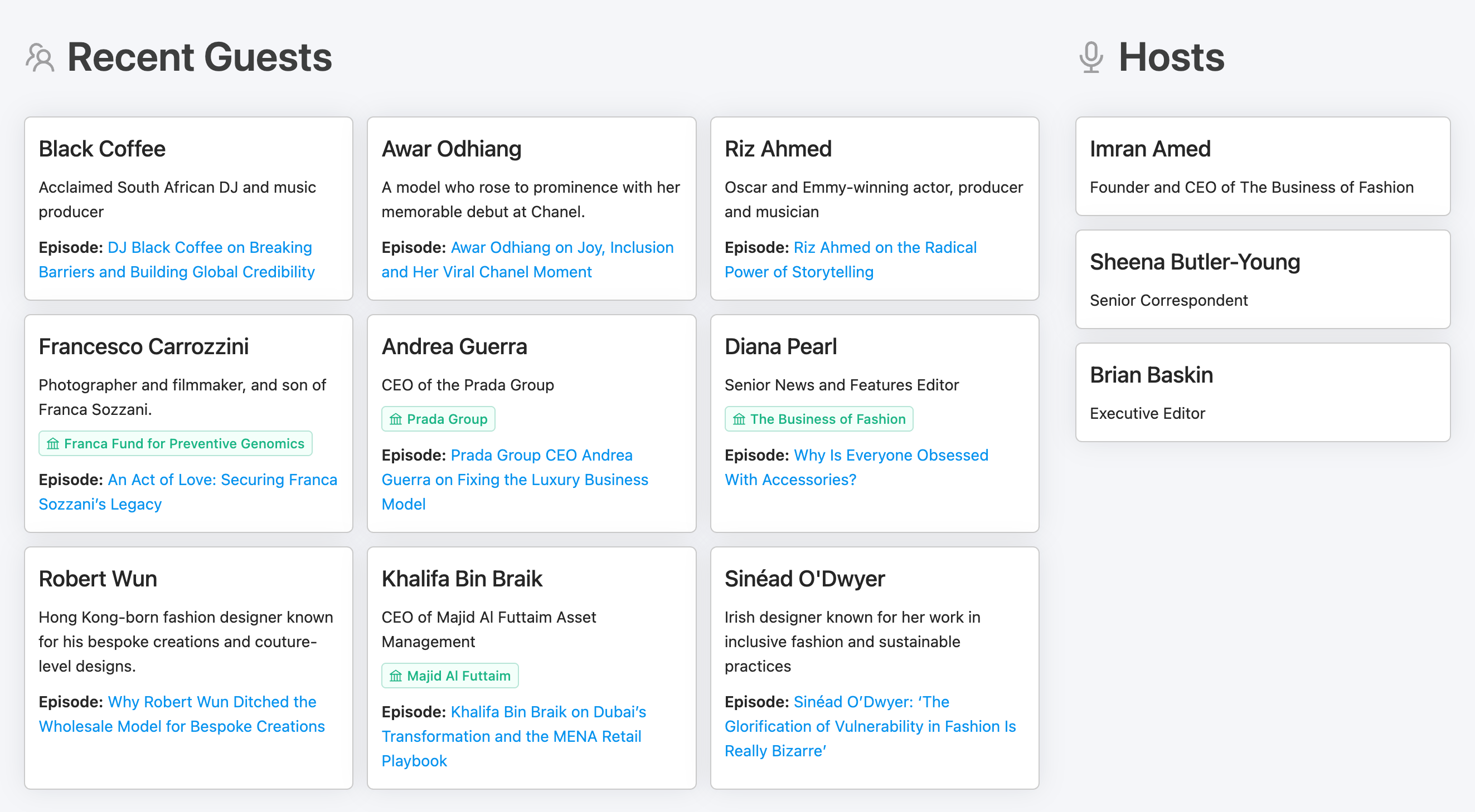 Recent guests on The Business of Fashion podcast