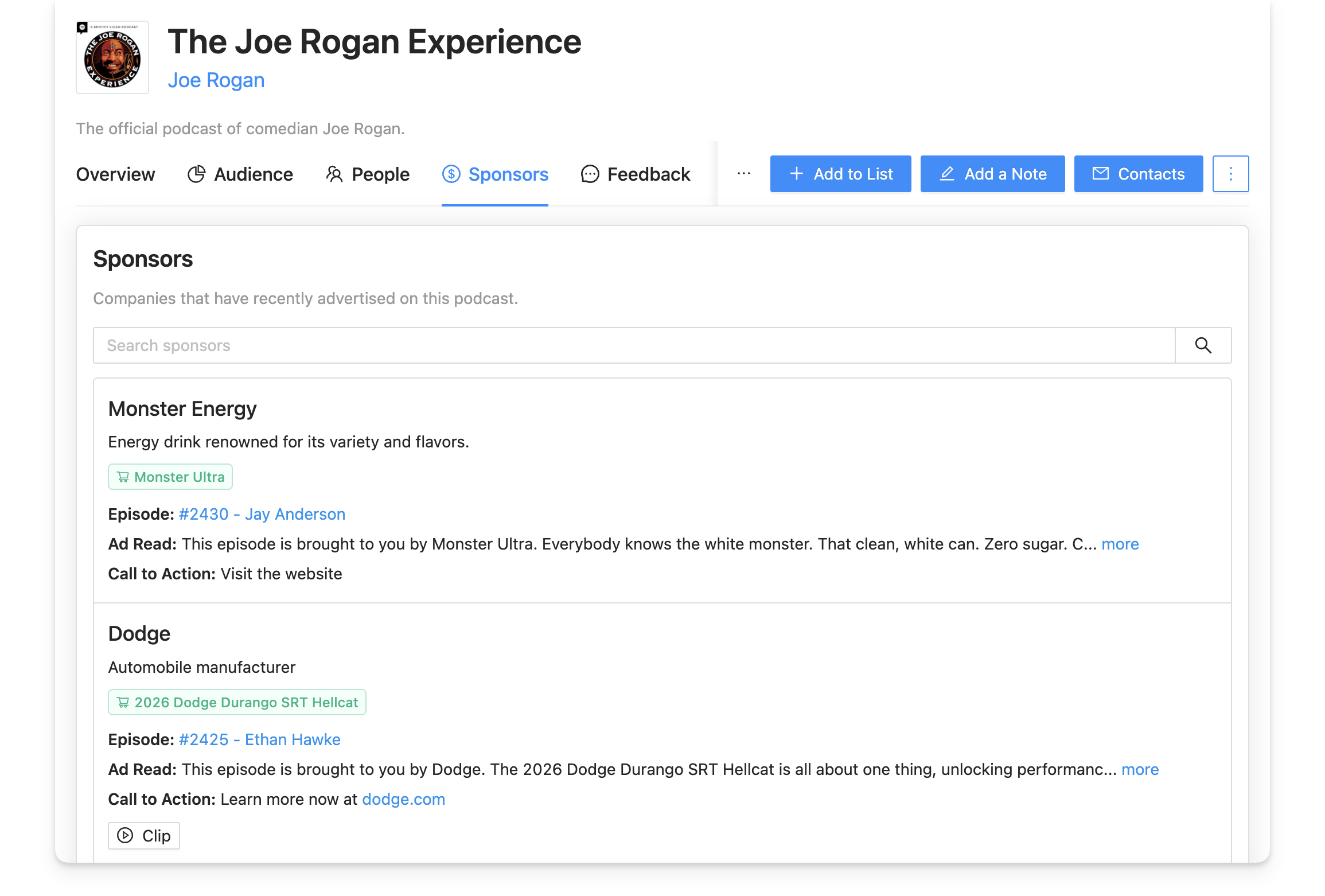 Joe Rogan podcast sponsors list