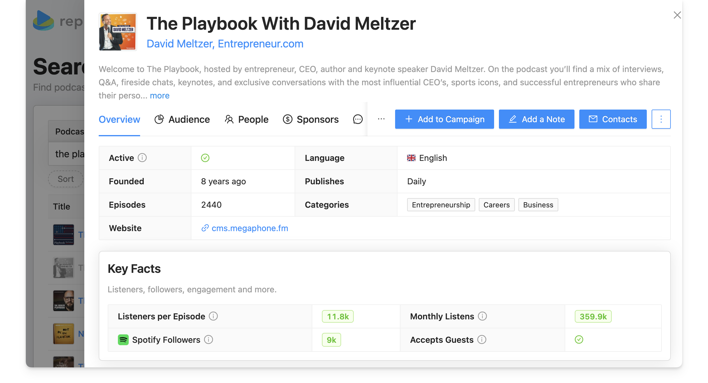 Podcast data on Rephonic for PR teams