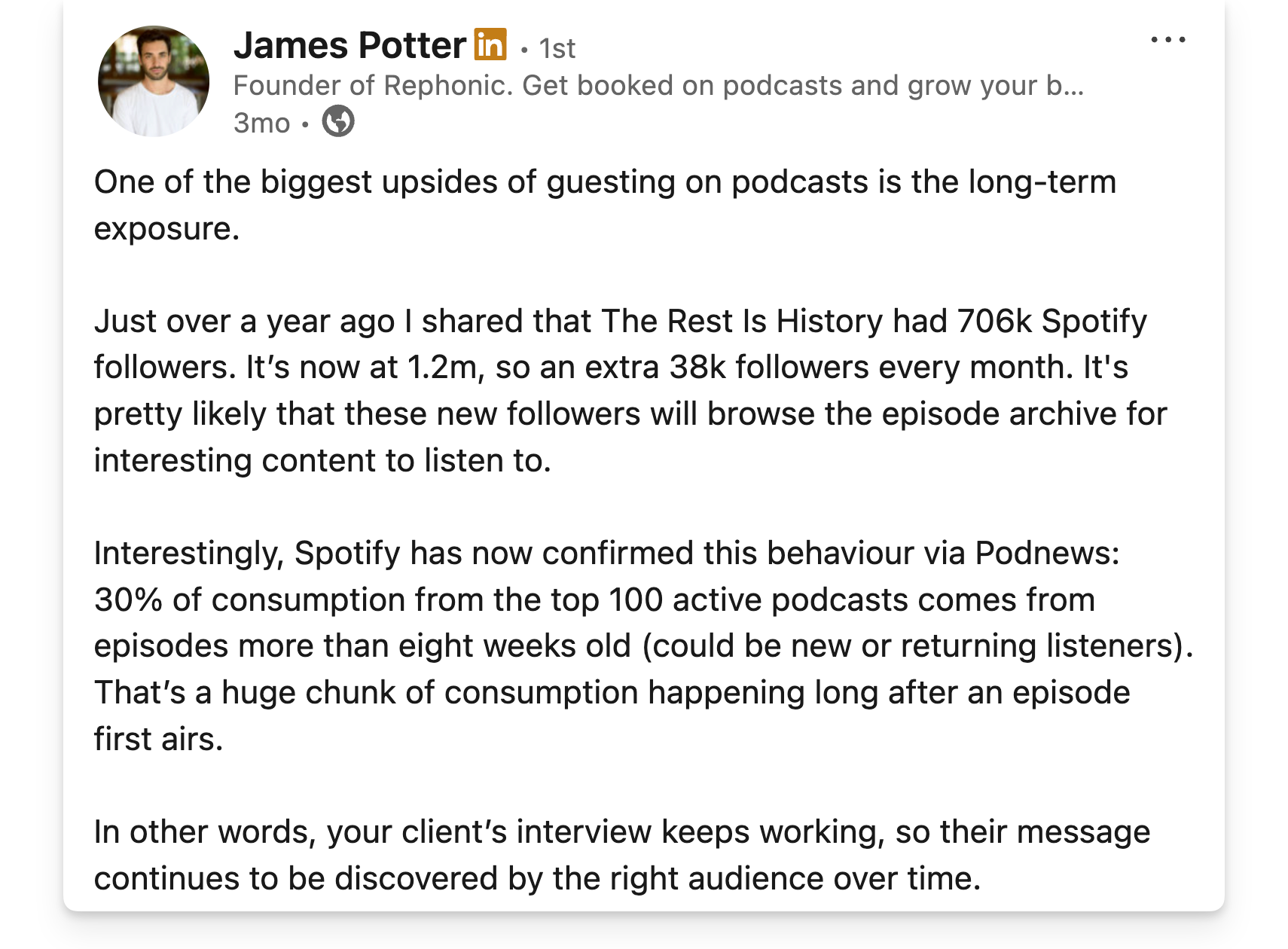 James Potter LinkedIn post about podcast exposure