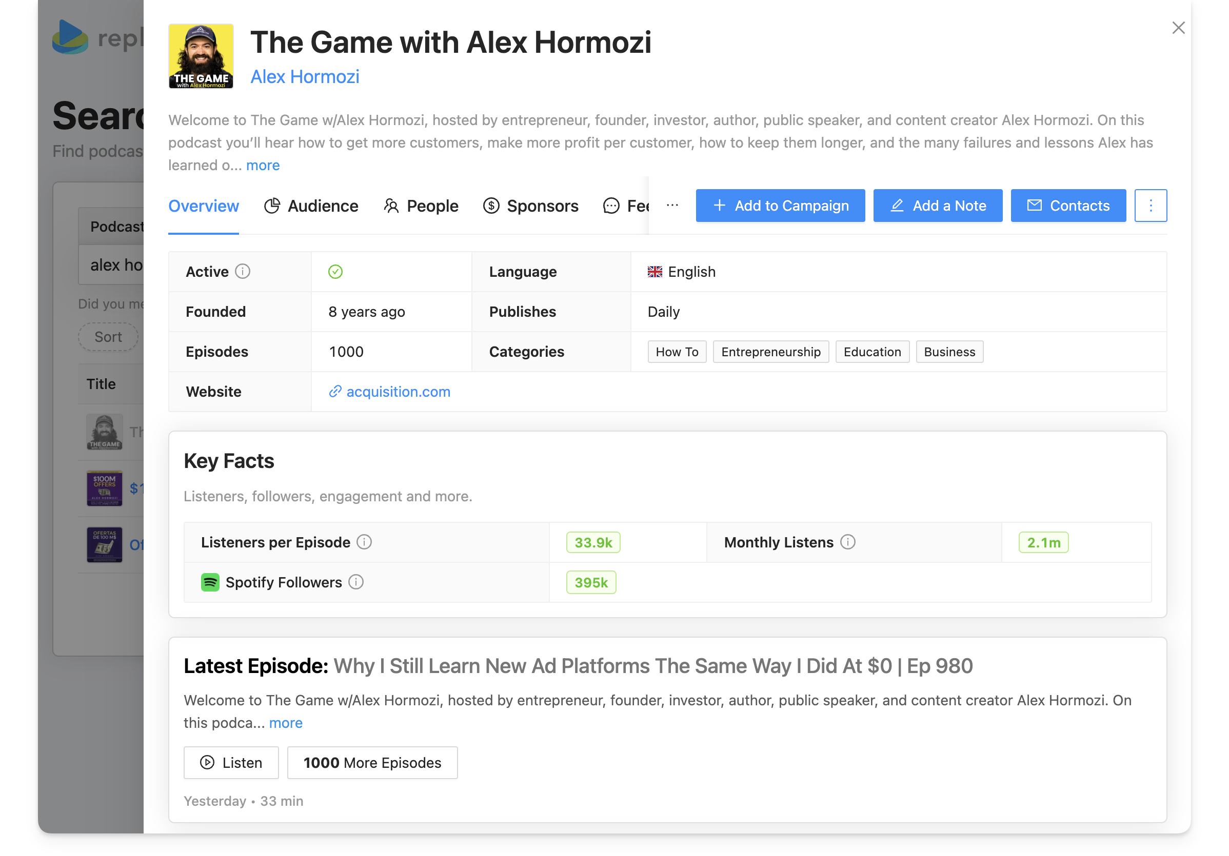 The Game with Alex Hormozi podcast page on Rephonic