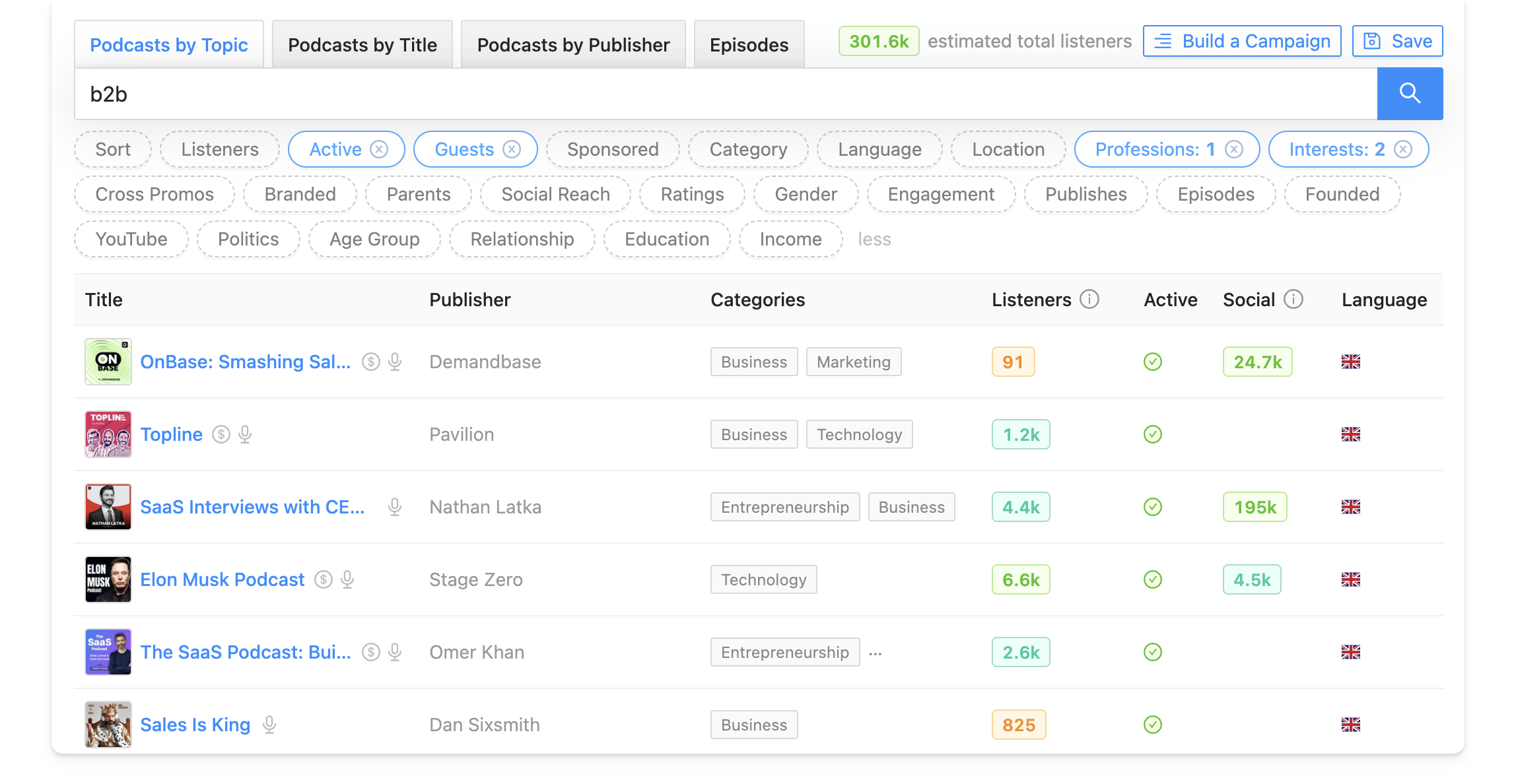 Rephonic podcast database search filters