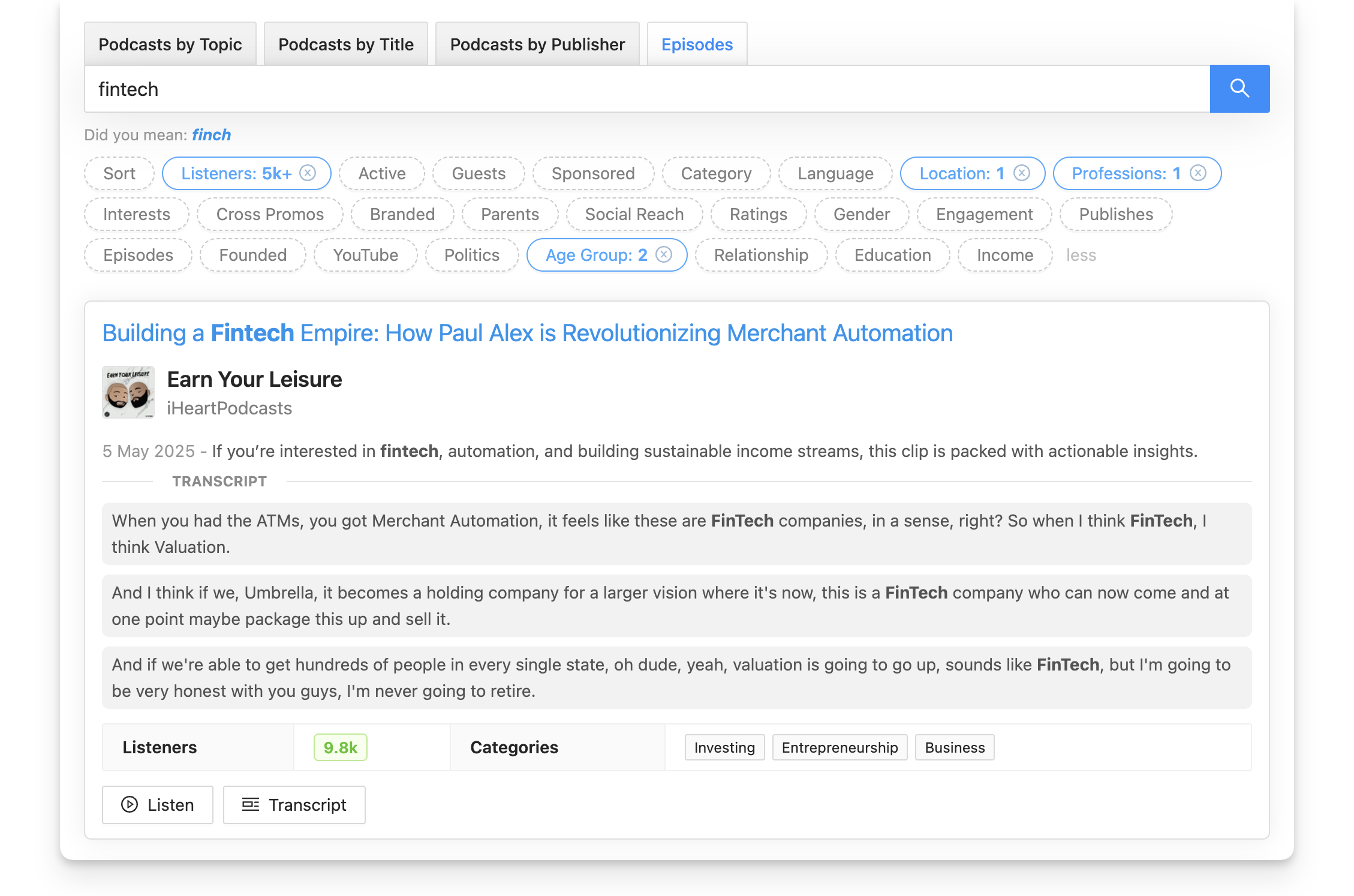 Rephonic podcast episode search